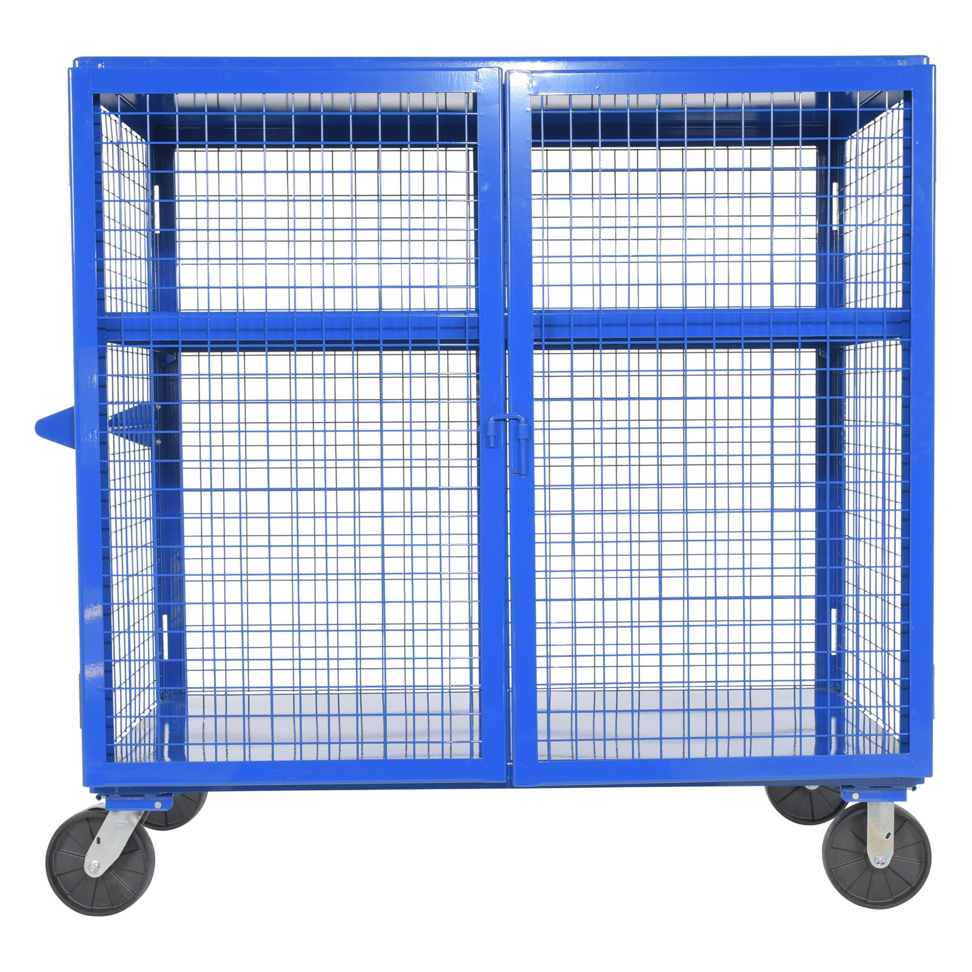 Vestil Welded Steel Expanded Metal Security Cart - 2000 lb Capacity, 2 Shelves, Hinged Door, Model# SCW-XM-3060-BL